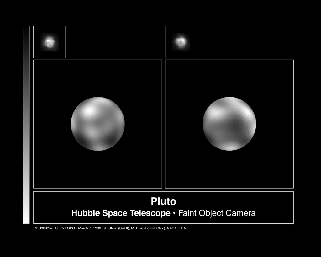 Hubble's view of Pluto, taken in 1996. Note that Alan Stern and Mark Buie, both on the New Horizons team, were credited. So Stern will have been responsible, more or less, for every decent image we have of Pluto.