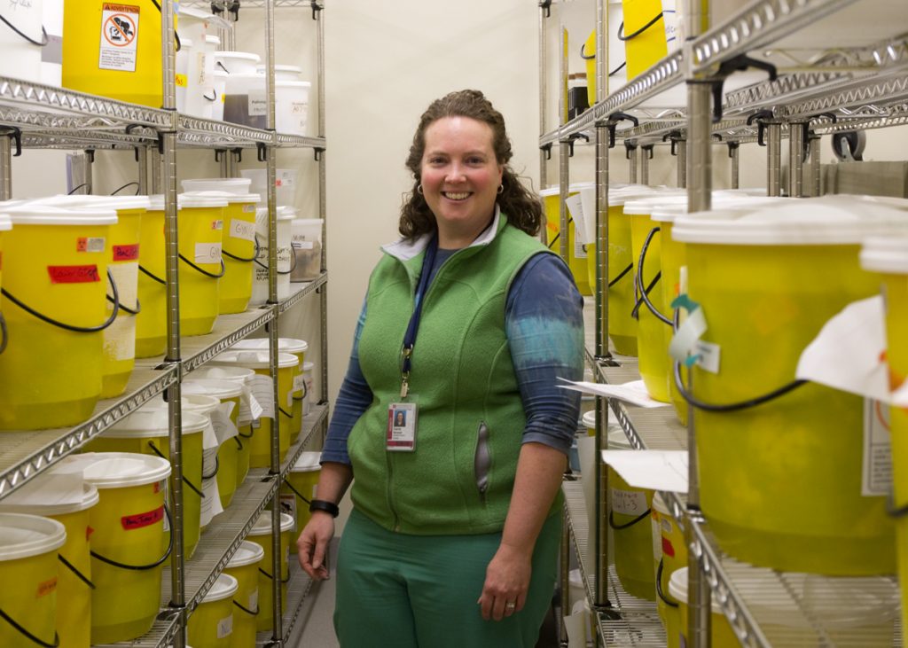 CU School of Medicine Pathologist Carrie Marshall, MD, in the Organ Room of tissues used for training and outreach.