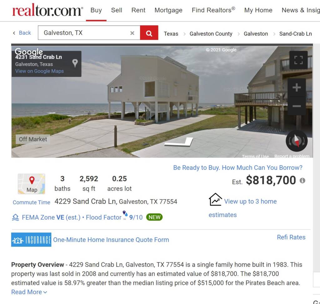 Galveston island 4229 Sandcrdab Realtor.com snip