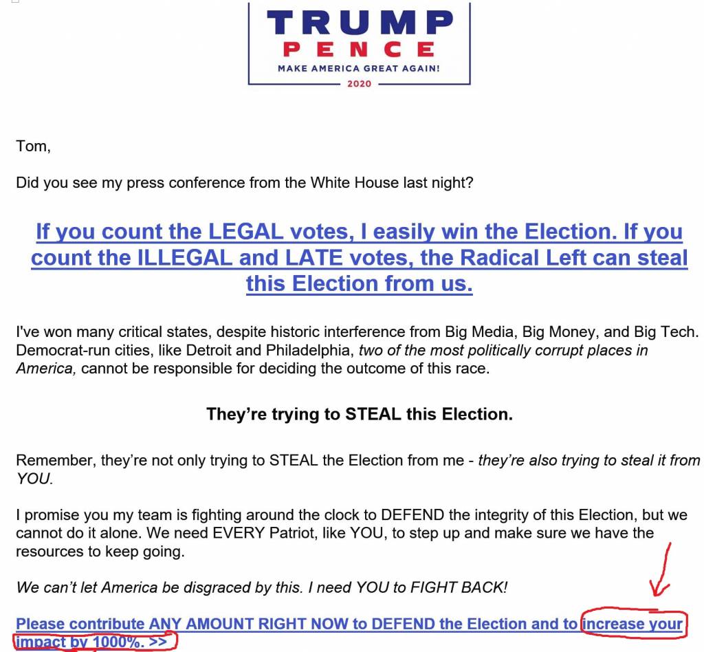 Trump alleged fraud email Nov 6 2020
