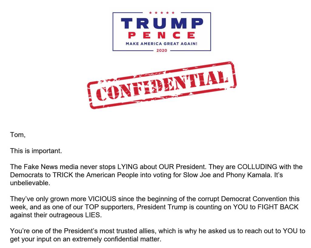 Trump confidential push poll from 2020's first page.