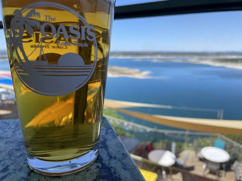 View of Lake Travis from The Oasis, beer partially obscuring the view