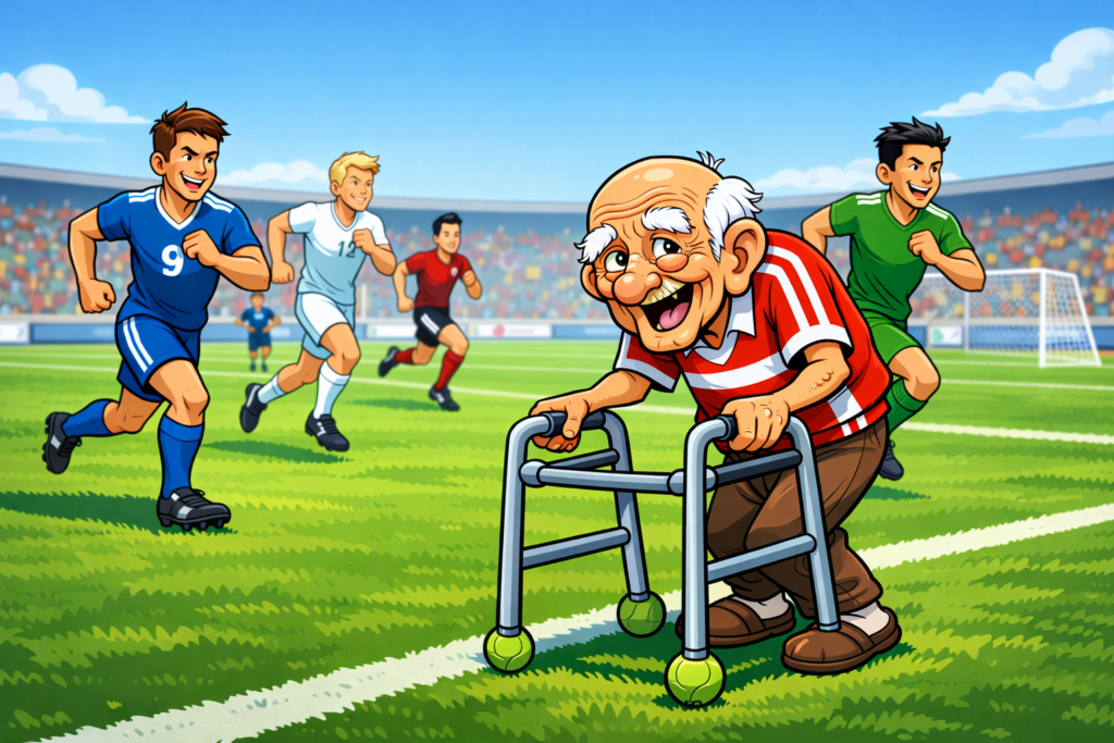 ChatGPT-generated cartoon of a very old man playing soccer